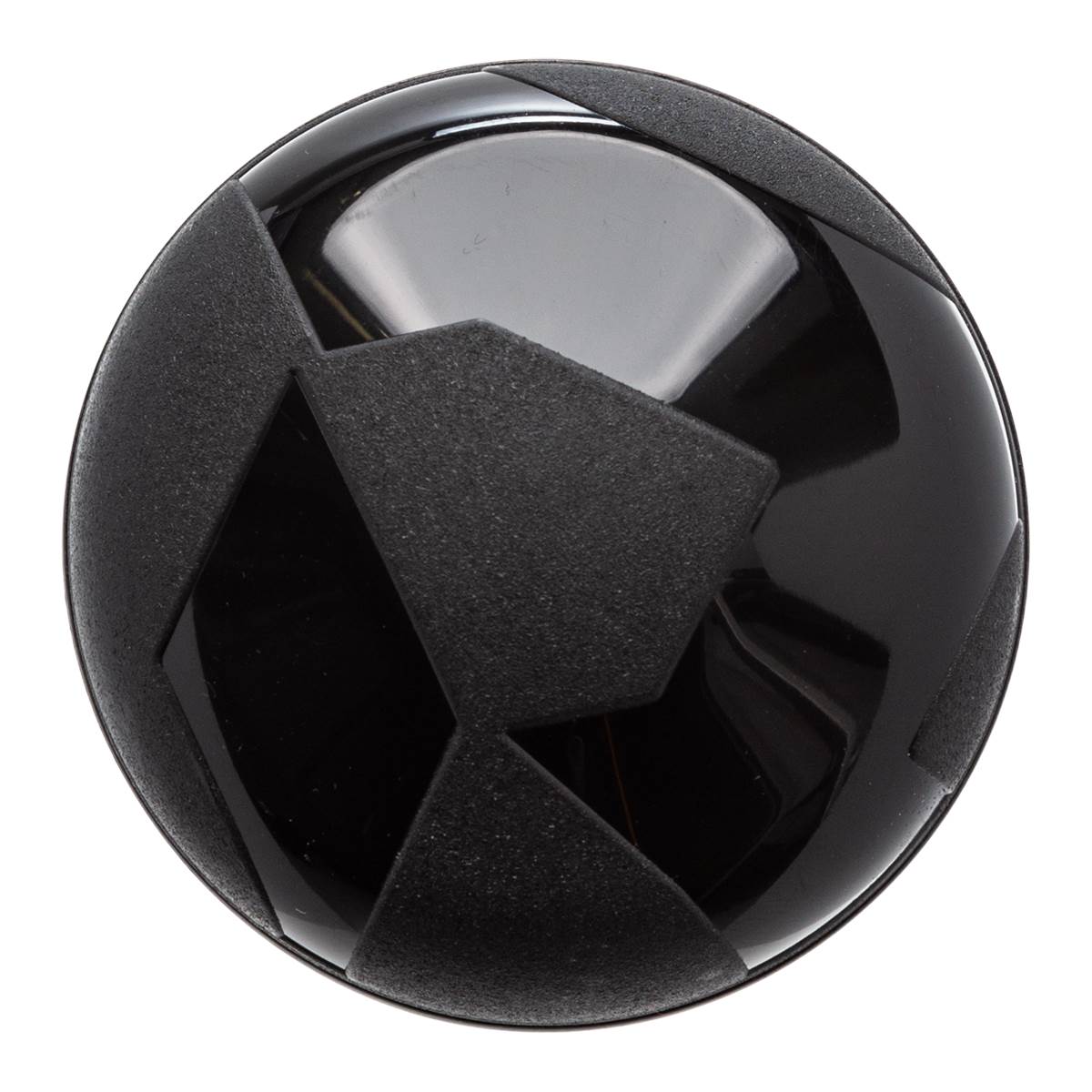 Top-down view of a black baseball bat end cap with a textured grip and glossy finish.