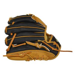 Side view of a black and tan baseball glove with tan lacing and orange stitching.