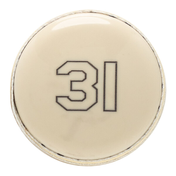 Top-down close-up of a cream baseball bat end cap with black outline numbers 31 on a smooth, glossy surface.