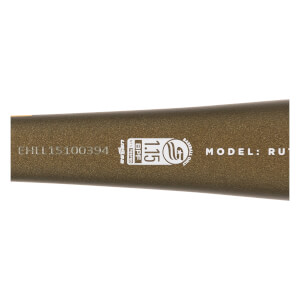 Close-up of a bronze baseball bat with USSSA BPF 1.15 and MODEL: RU visible.