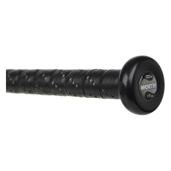 Close-up of a black baseball bat grip with perforations and a black end cap showing WORTH 30in 17oz.