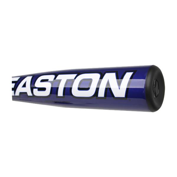 Side view of a blue baseball bat with white EASTON lettering and a black end cap.