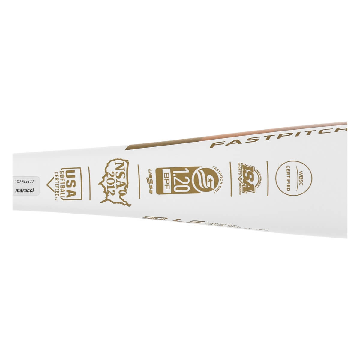 Angled close-up of a white fastpitch softball bat with FASTPITCH text, several gold certification stamps, and Marucci logo.