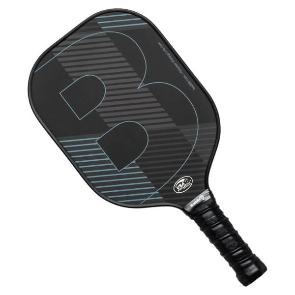 Top-down view of a black pickleball paddle with a large blue B logo and textured grip.