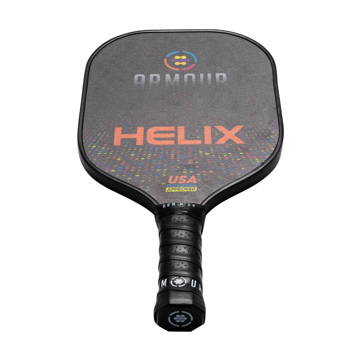 Front view of a black pickleball paddle with Armour HELIX branding and USA Approved label.