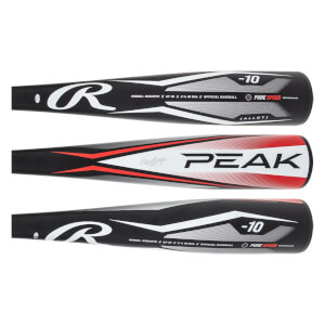 Side view of black Rawlings Peak baseball bat with red accents and PEAK logo.