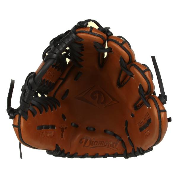 Front view of a brown baseball glove with black lacing and Diamond branding.