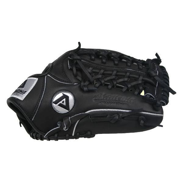 Side view of a black baseball glove with a silver A logo and Akadema text.