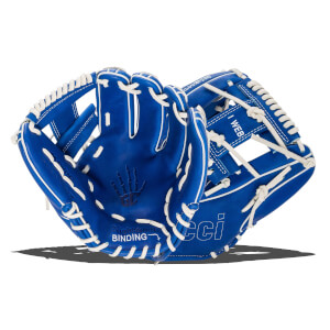 Front palm view of a royal blue baseball glove with white laces, an I-web, a skeleton hand logo, and text including "NIGHTSHIFT BINDING" and "I WEB."