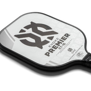 Top-down view of a white pickleball paddle with a large black logo, PREMIER CT-16 text, and ONIX branding.
