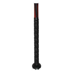 Close-up of a black bat grip with red and black accents on the barrel.