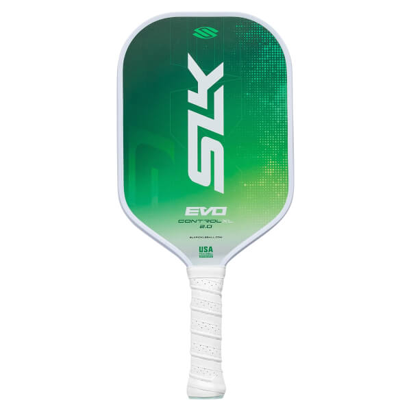 Front view of a green pickleball paddle with SLK and EVO CONTROL XL 2.0 branding.