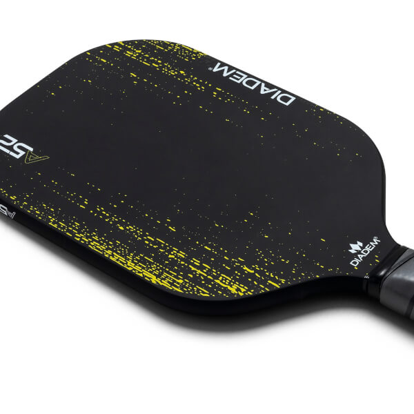 Top-down view of a black pickleball paddle with yellow speckle design, A52, and DIADEM branding.