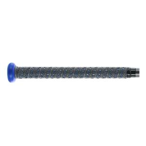 Side view of a blue and gray baseball bat with a textured grip and a blue knob.