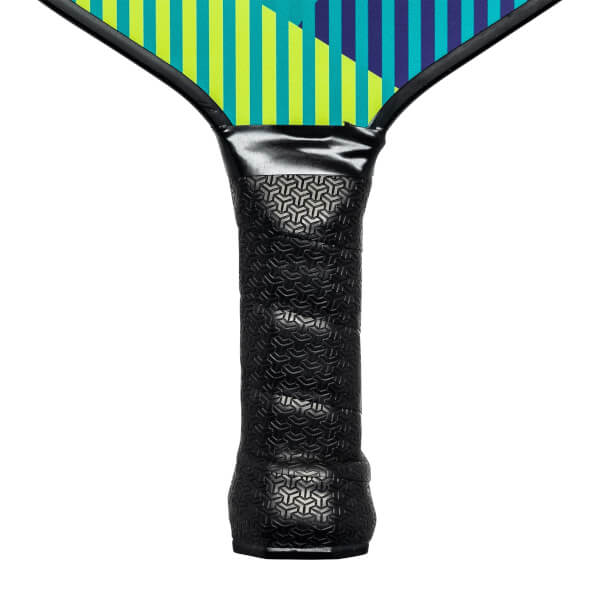 Close-up of a black pickleball paddle grip with a geometric pattern and colorful striped head.