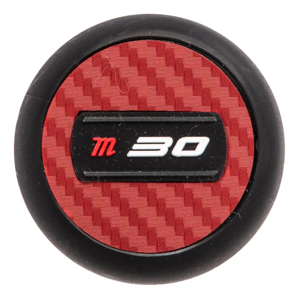 Top-down view of a black baseball bat end cap with red carbon fiber pattern and white 30 logo.