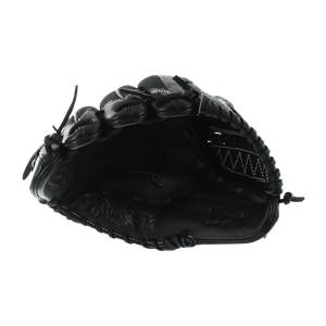 Side view of a black baseball glove with Rawlings branding and white stitching.