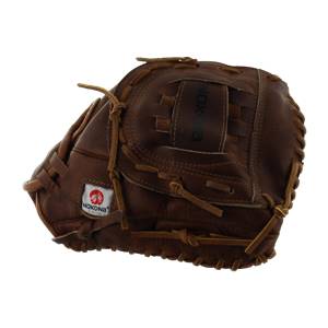 Top-down view of a brown leather softball glove with visible Nokona branding and intricate lacing.