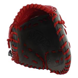 Top-down view of a smoke and red first base mitt with MVP PRIME logo and red stitching.