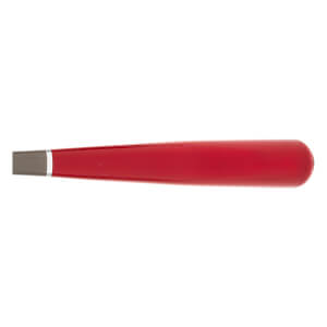 Side view of a red baseball bat with a gray knob and silver ring.