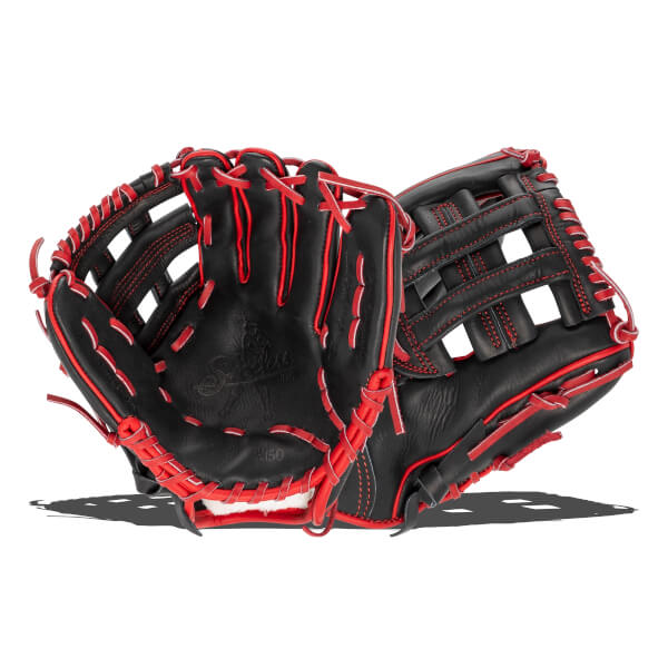 Angled front view of a black baseball glove with red lacing, an H-web, and the Shoeless Joe logo on the palm.