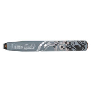 Side view of a gray fastpitch softball bat with WHISPER -9 text and an abstract swirling pattern on the barrel.