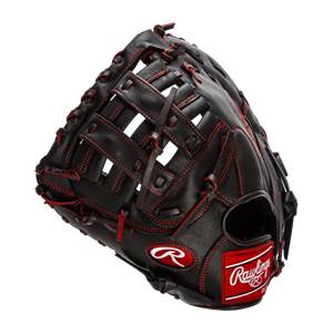 Side view of a black baseball glove with red stitching and Rawlings branding.