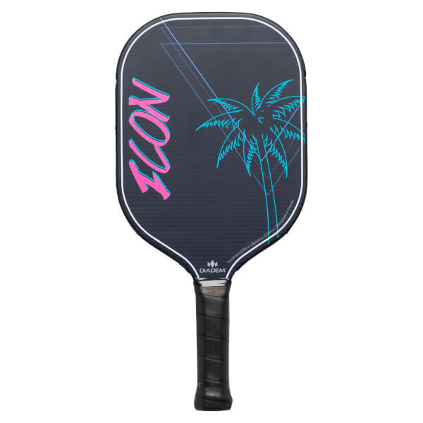 Front view of a dark grey pickleball paddle with pink ICON text and a blue palm tree graphic.