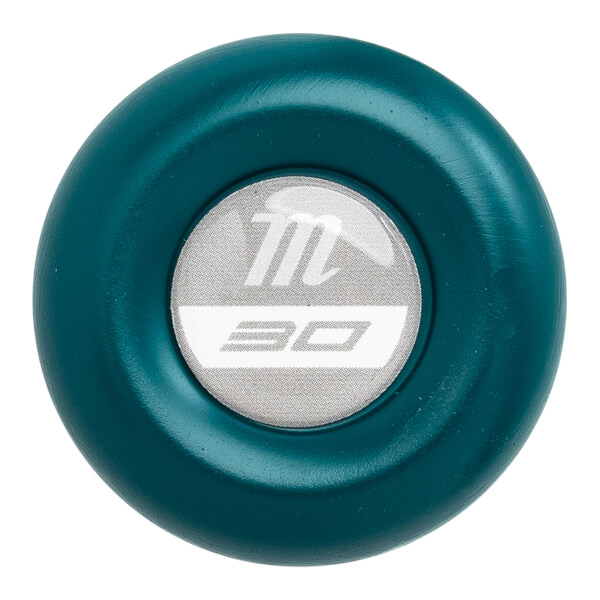 Top-down view of a teal baseball bat end cap with a white circular logo featuring an m and 30.