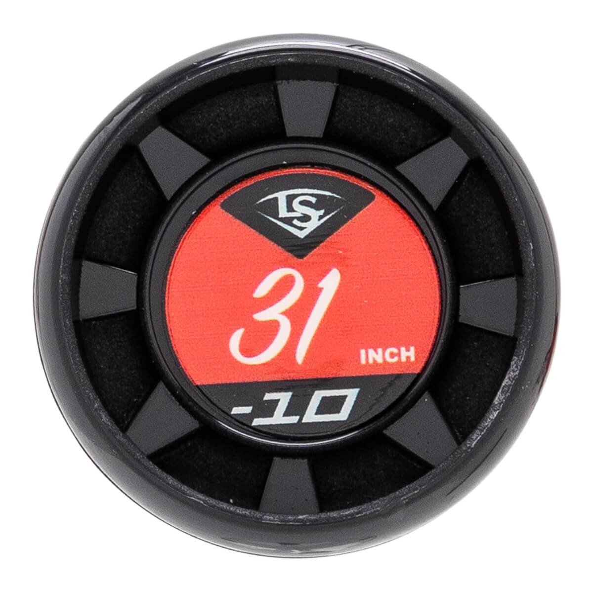 Top-down view of a black baseball bat end cap with a red circular insert displaying LS logo, 31 INCH, and -10.
