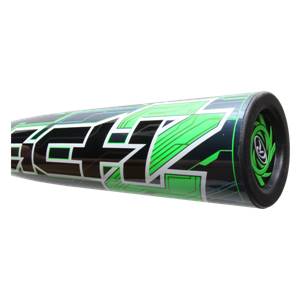 Side view of a black tee ball bat with green circuit board graphics and a Rawlings logo on the end cap.