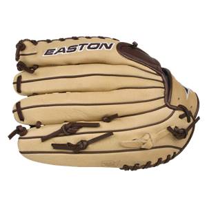 Top-down view of a tan baseball glove with brown lacing and EASTON branding.