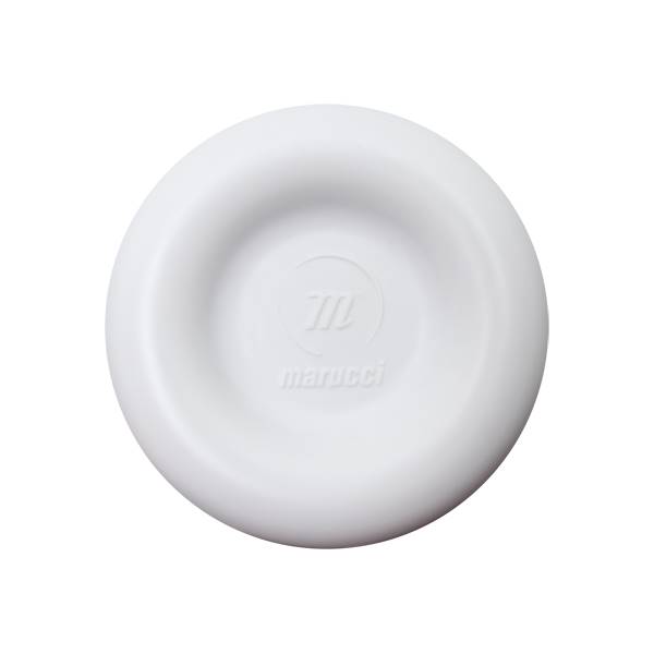 Top-down view of a white baseball bat end cap with Marucci logo.