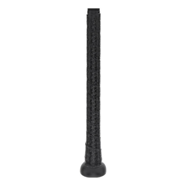 Close-up view of the Tucci Torino BBCOR Baseball Bat handle featuring a black textured grip and a solid black rounded knob.