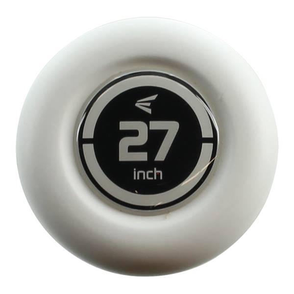End view of a white baseball bat with a black circular emblem showing 27 inch and the Easton logo.