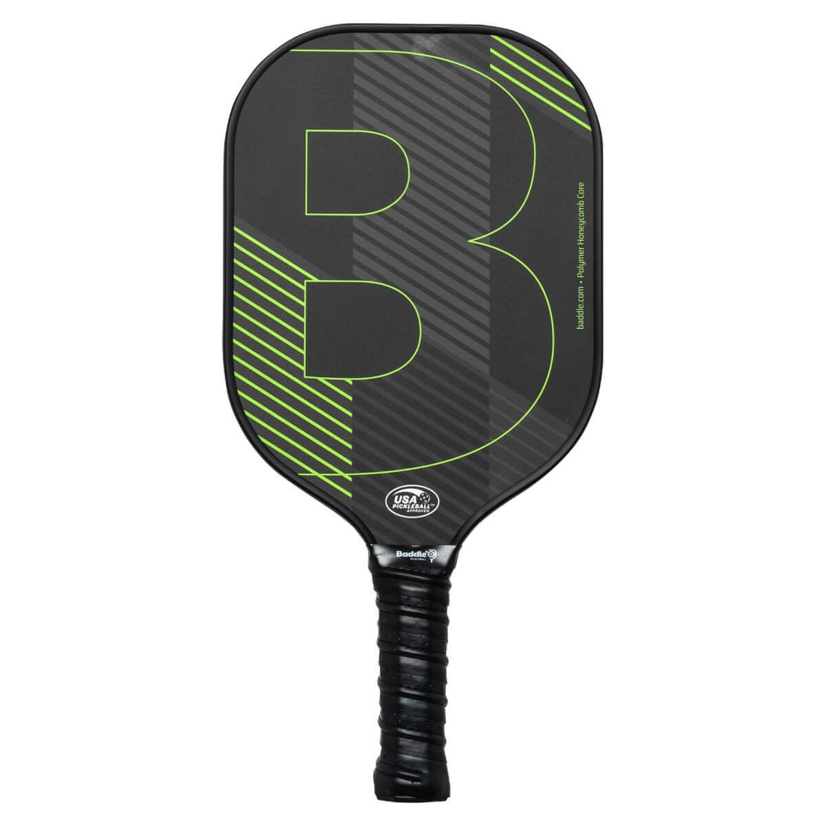 Front view of a black pickleball paddle with a large green B logo and diagonal green stripes.