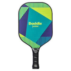 Front view of a Baddle Junior pickleball paddle with a geometric design and black grip.