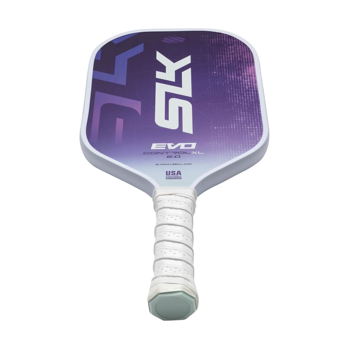 Top-down view of a purple and white pickleball paddle with SLK branding and a white grip.