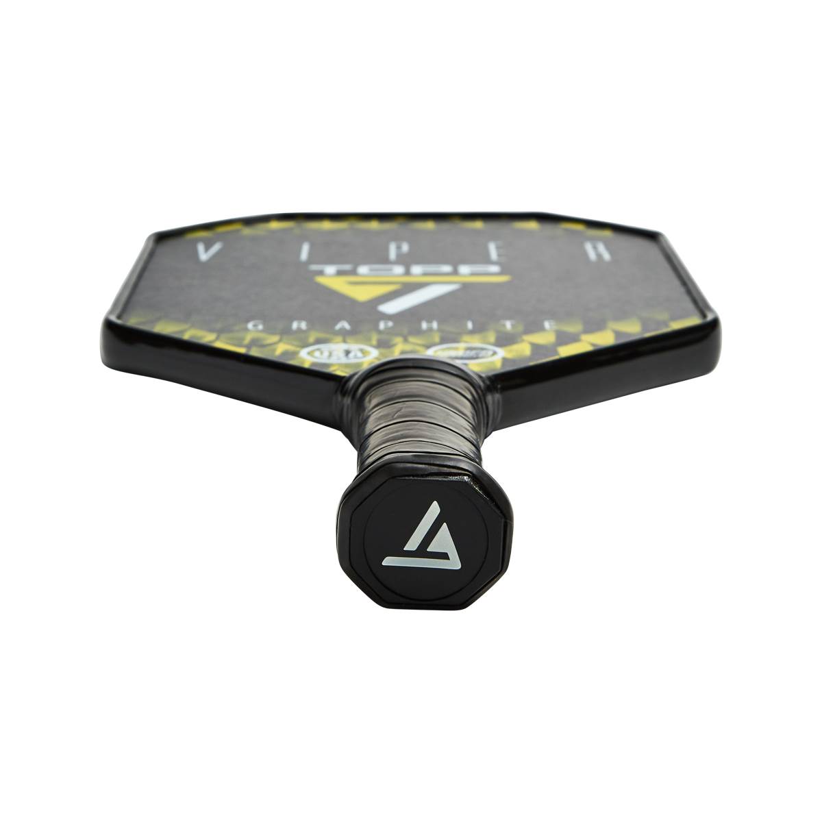 Bottom-down view of a black pickleball paddle with TOPP VIPER GRAPHITE text and a white triangle logo.