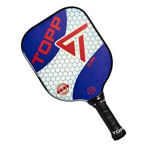 Top-down view of a blue and white pickleball paddle with red TOPP logo and USA seal.