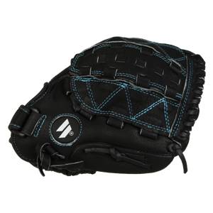 Side view of a black fastpitch glove with blue stitching and a white logo.