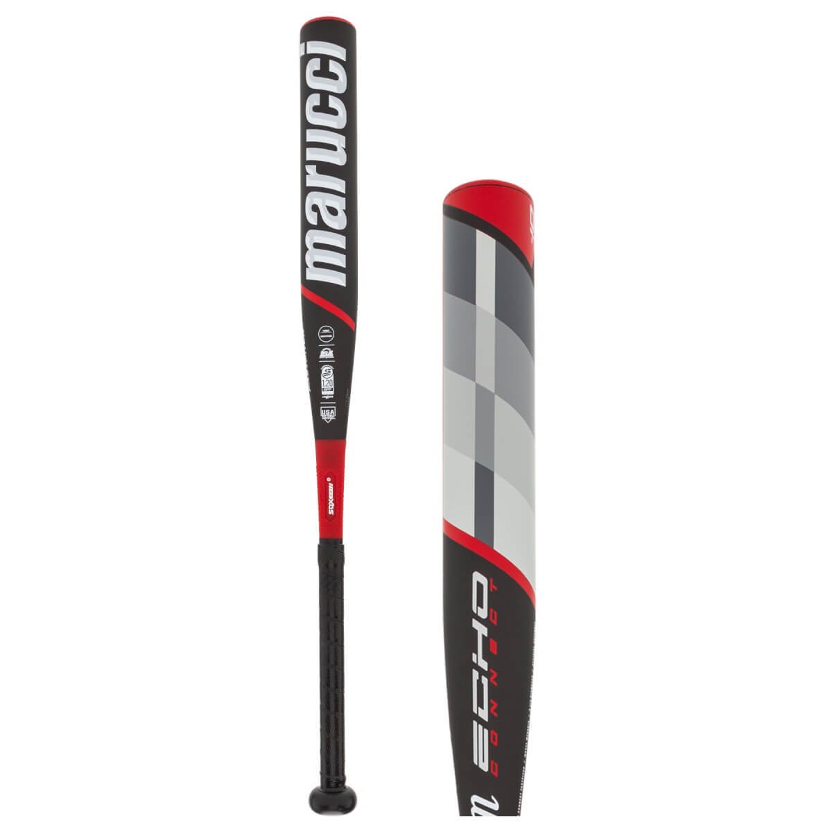 Side view of a black and red Marucci ECHO Connect softball bat with checkered pattern and white marucci text.
