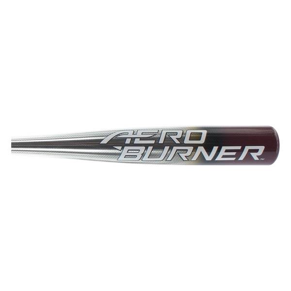 Side view of a red and silver baseball bat with AERO BURNER text.