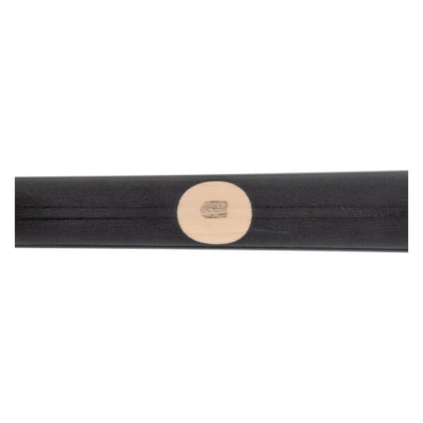 Side view of a black baseball bat with a circular wood grain detail.