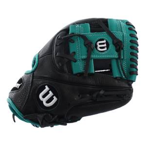 Side view of a black baseball glove with teal accents and white Wilson logos.
