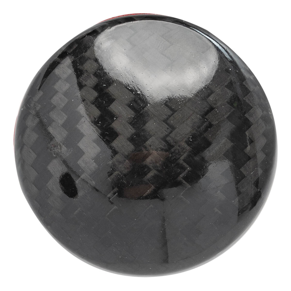Top-down view of a black baseball bat end cap with carbon fiber weave and red accent.