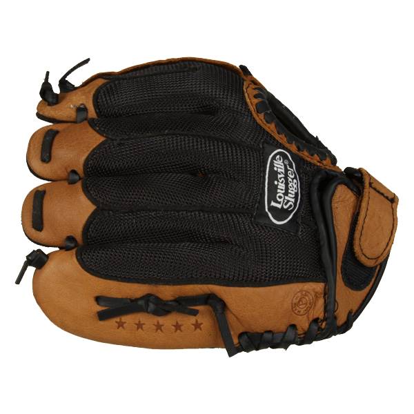 Top-down view of a brown and black Louisville Slugger youth baseball glove with five stars and a logo.