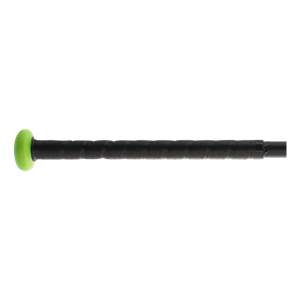 Side view of a black softball bat with a green end cap and perforated grip.