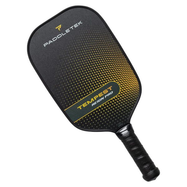 Top-down view of a black pickleball paddle with yellow dot gradient and TEMPEST REIGN PRO text.