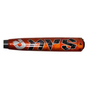 Side view of an orange baseball bat with black and white NVS lettering and a patterned barrel.